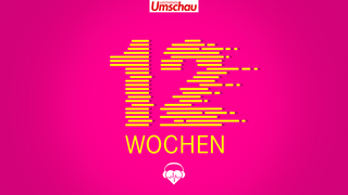 Gelbes Schriftbild „12 Wochen“ auf pinkem Hintergrund mit dem Logo der „Apotheken Umschau“ oben und dem „gesundheit-hören“-Logo unten.