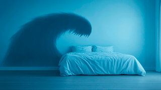 Ein Bett in einem blauen Raum, über dem eine bedrohliche, schattenhafte Gestalt mit gezacktem Maul schwebt, symbolisch für das Thema Albträume.